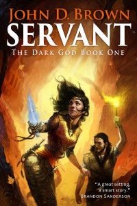 Cover of Servant, The Dark God book 1, woman in cave with ancient ruins holding glowing artifact, man behind holding torch. 