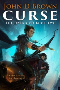 Cover of Curse, The Dark God book 2, man and woman on horse fleeing. 